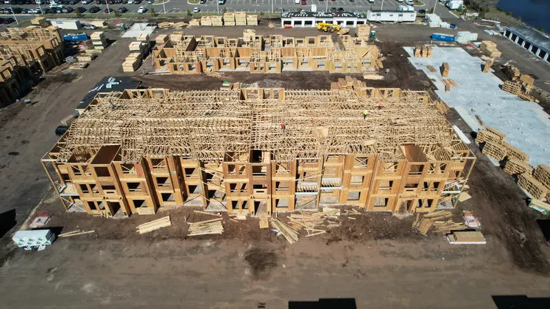 Overhead aerial of a long three-story building with its full Howland-supplied roof truss system set and braced across the top floor.