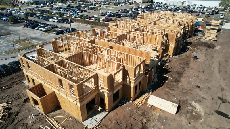 Aerial view of a large building in bare wall framing before the roof structure goes on, the unit layout readable in the open stud walls.