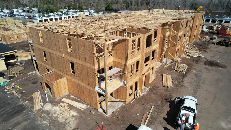 Aerial view of a building with Howland roof trusses set over three-story framing and crew members working up on the roof.