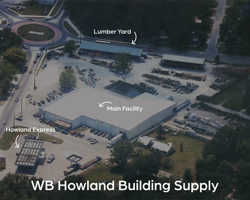 Aerial view of W.B. Howland Building Supply in Live Oak, FL — main facility, lumber yard, and Howland Express fuel center labeled.